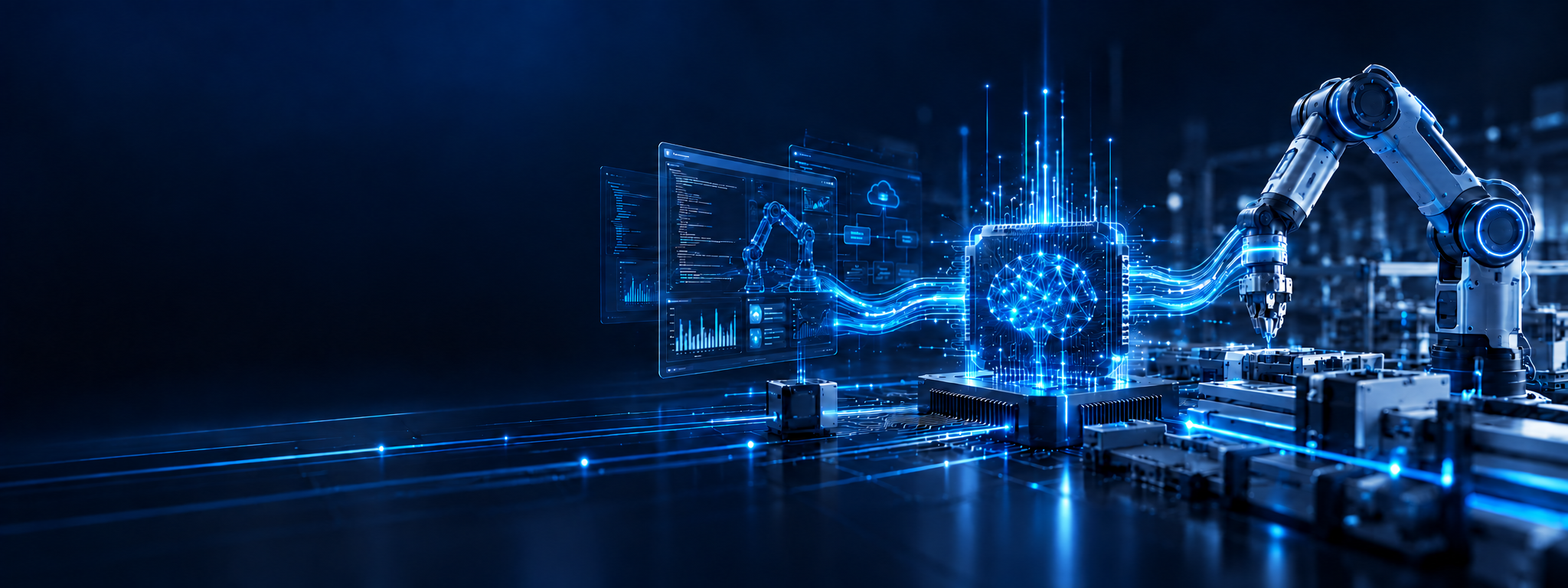 Vernetzte Software, leuchtender AI-Prozessor und industrieller Roboterarm